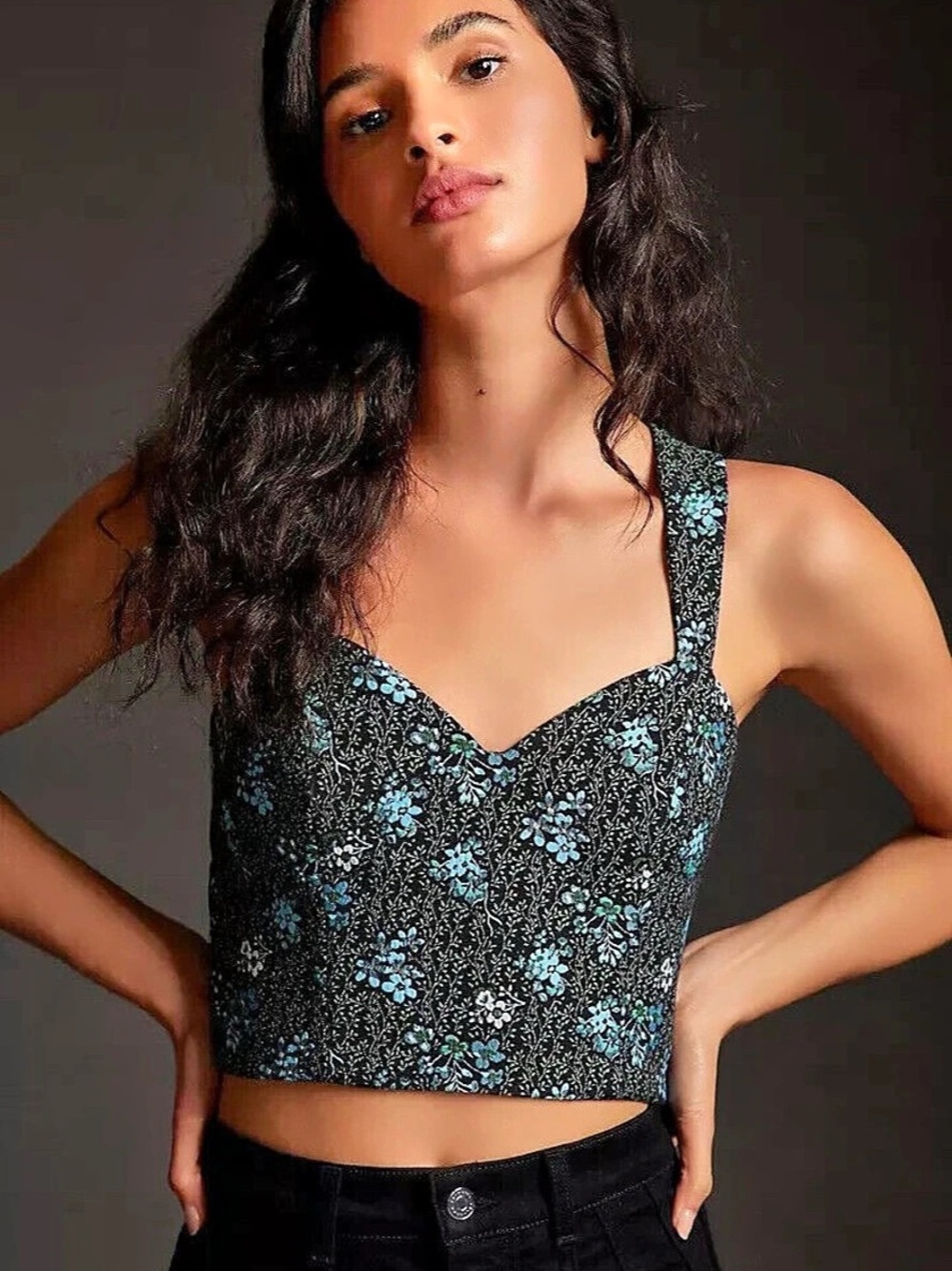 Anthropologie x Sachin & Babi blue floral jacquard corset tank crop top Medium